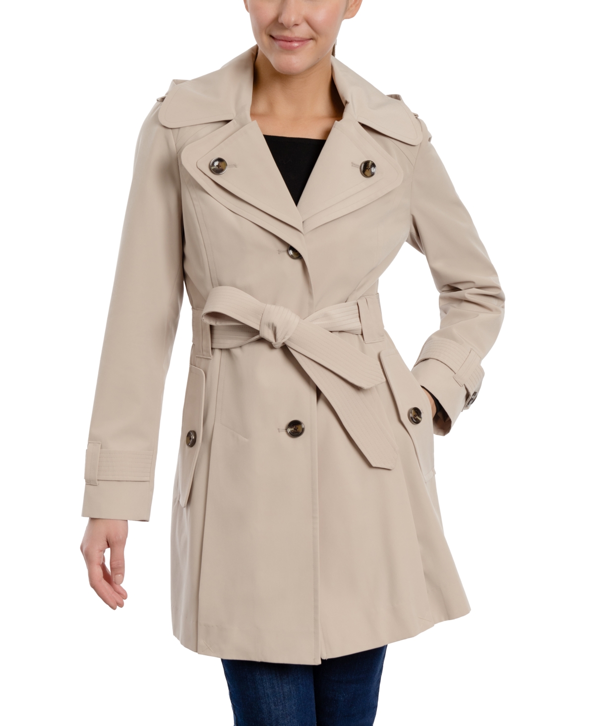 Women's Petite Single-Breasted Belted Trench Coat - Green Tea