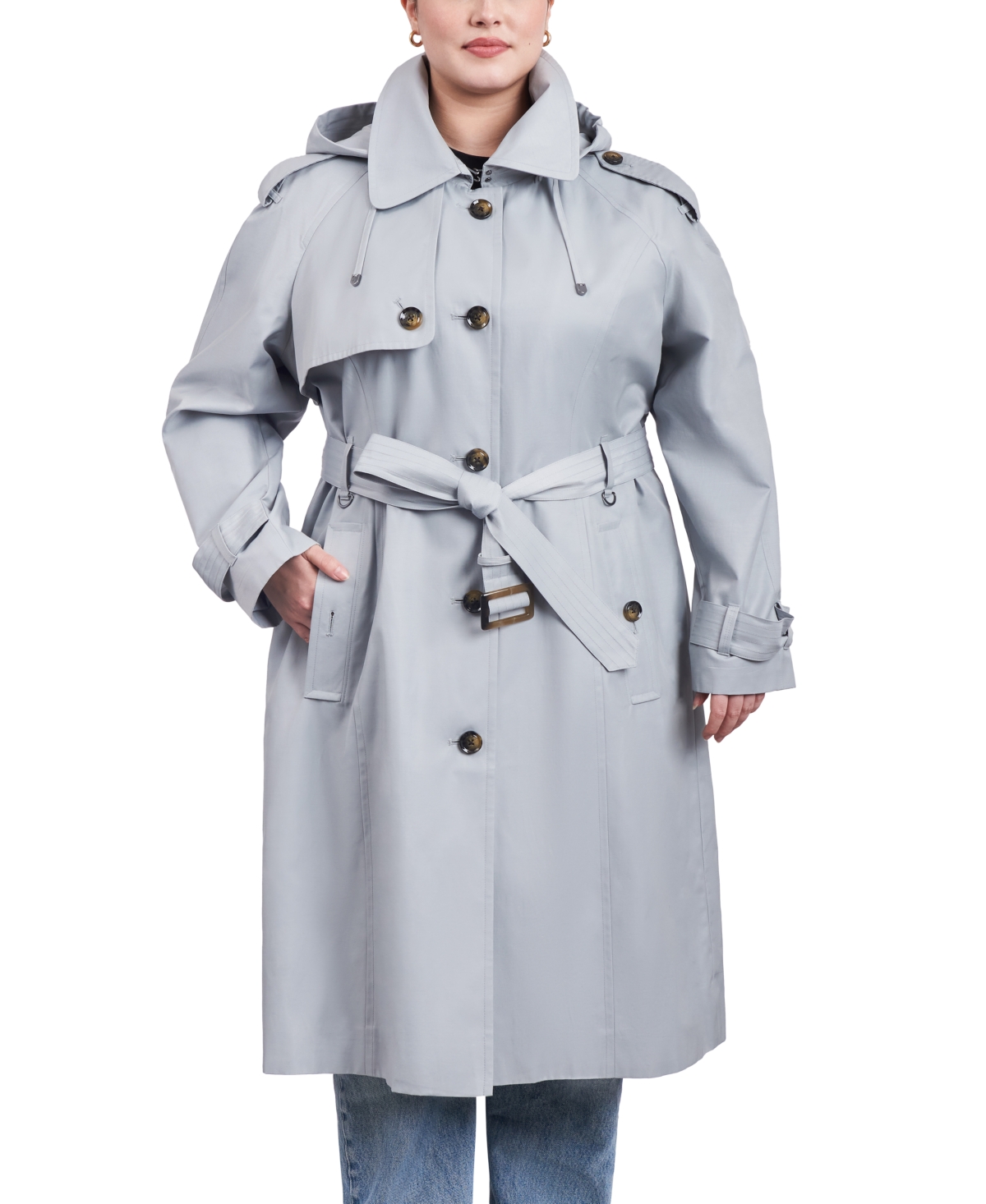 Shop London Fog Women's Plus Size Belted Hooded Water-resistant Trench Coat In Cloudy