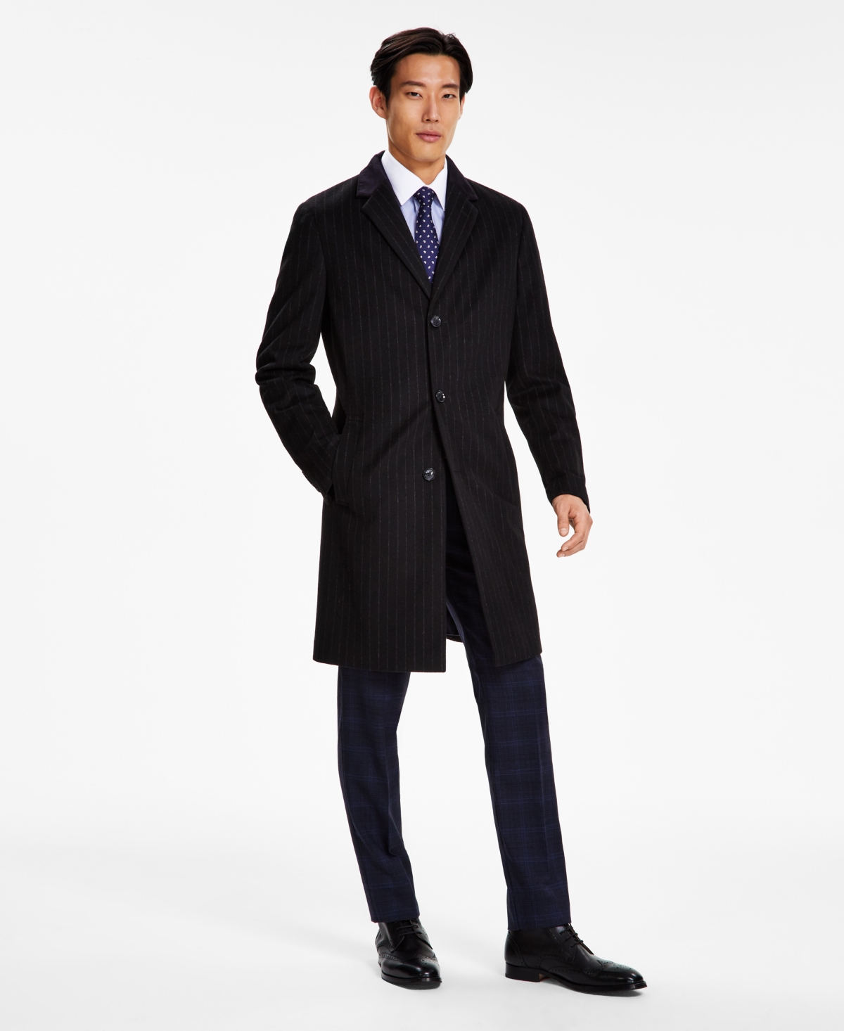 Tommy Hilfiger Men's Addison Wool-blend Trim Fit Overcoat In Black Pinstripe