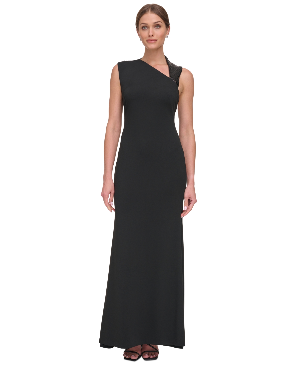 Dkny Women's Asymmetric-neck Sequin-detail Gown In Black
