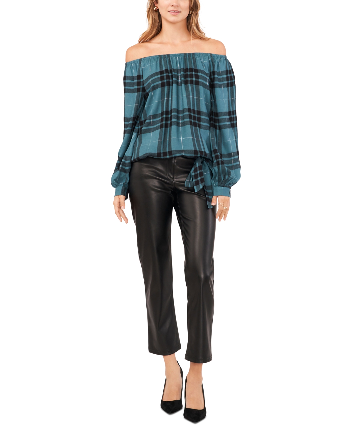 Vince Camuto Women's Off-The-Shoulder Plaid Tie-Front Bouse