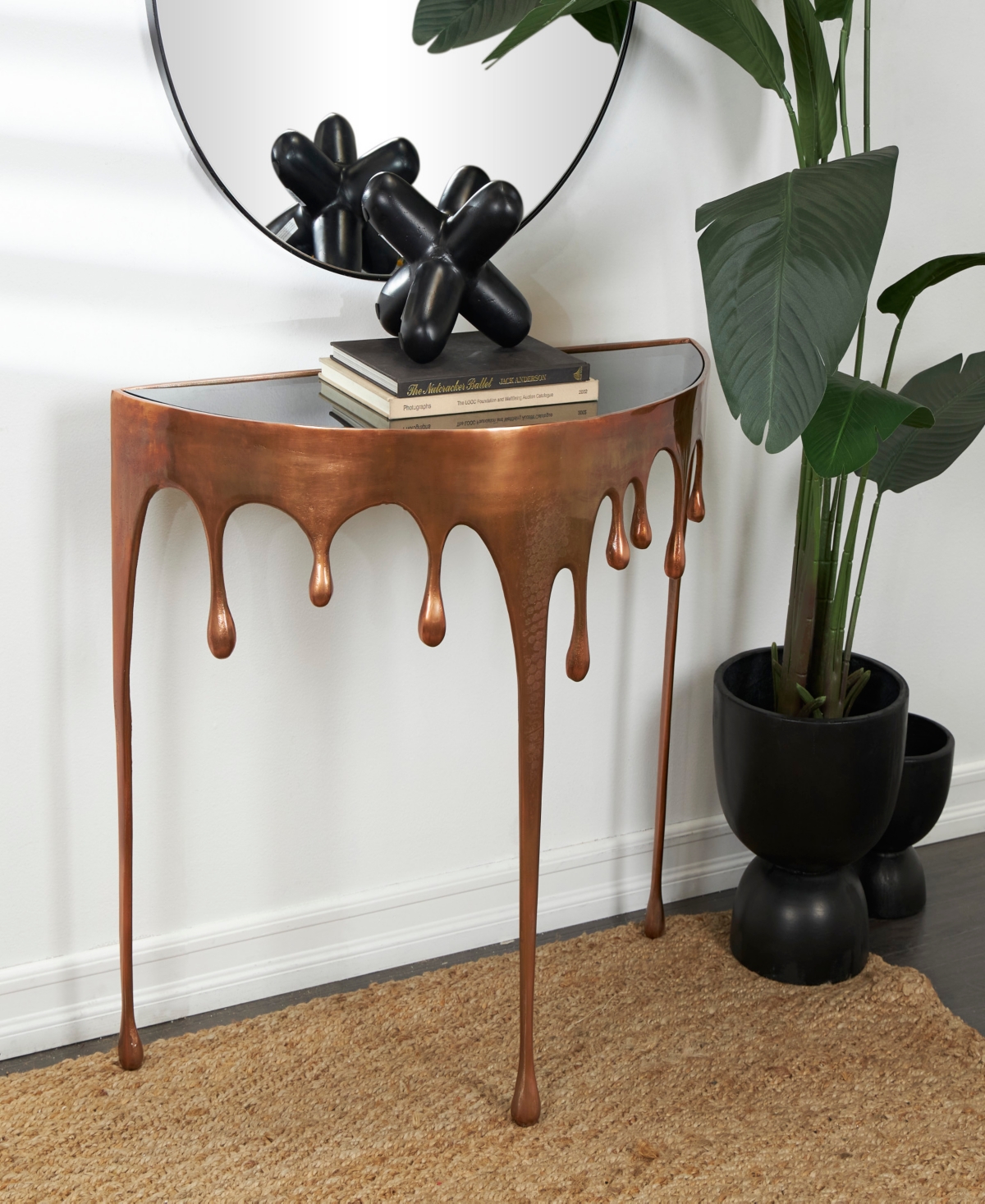 Shop Rosemary Lane Aluminum Drip Console Table With Melting Designed Legs And Shaded Glass Top, 36" X 14" X 32" In Gold