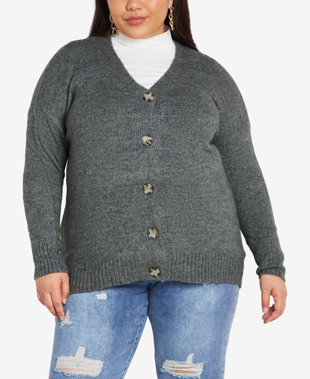 Avenue Plus Size Amber Boucle Cardigan Sweater In Charcoal Marle