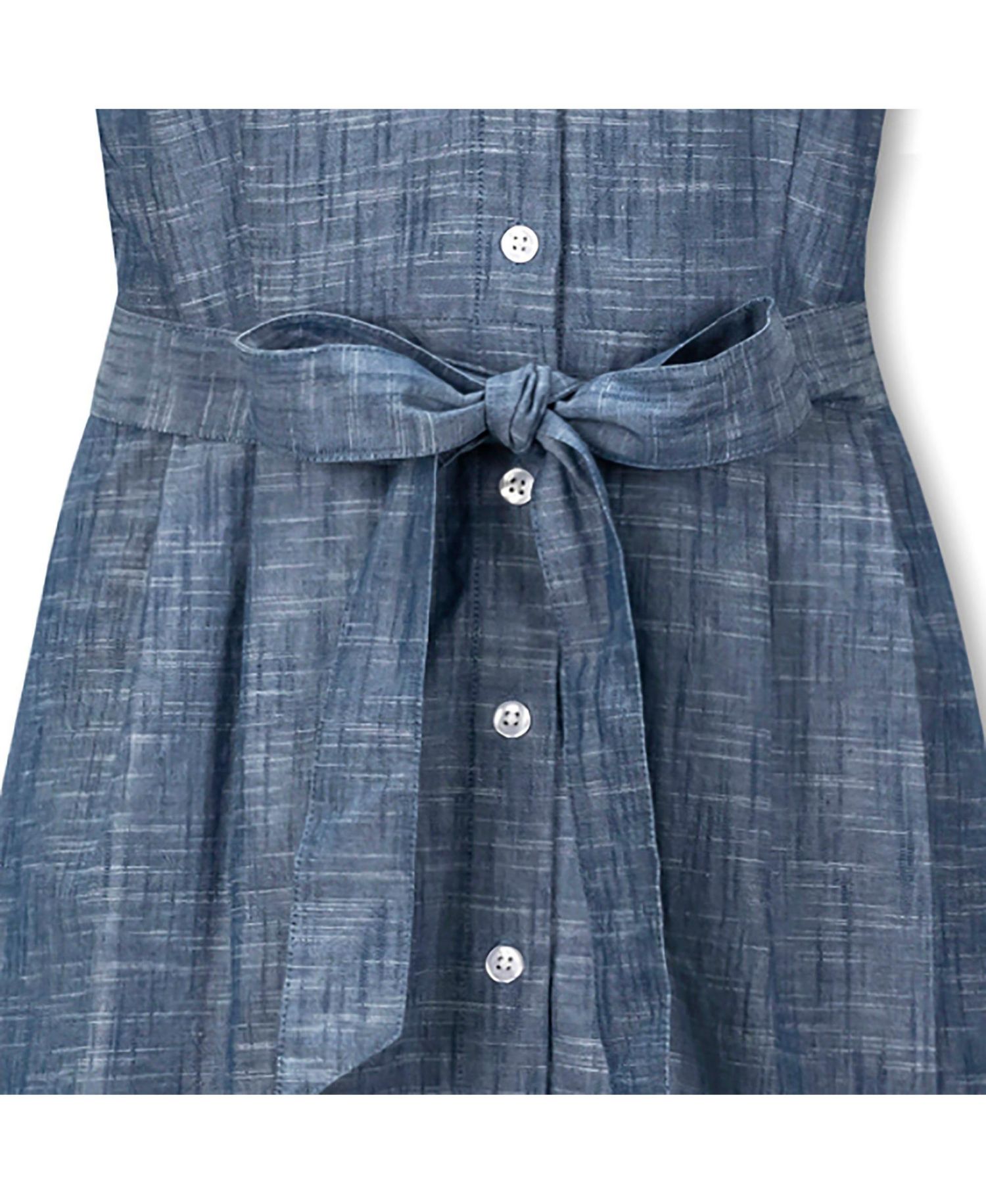 Women's Hope and Henry Short Sleeve Button Front Chambray Dress with Waist Sash