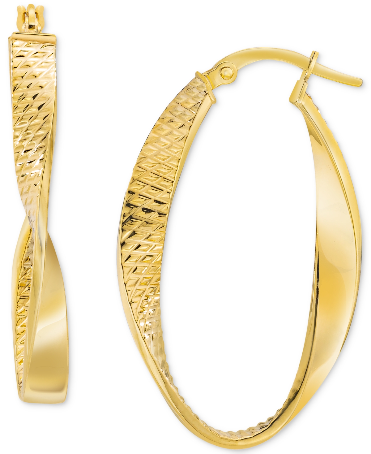 Macy's Polished Textured Twist Oval Hoop Earrings In 14k Gold