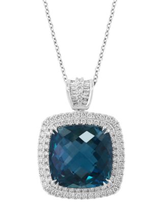 EFFY&reg; London Blue Topaz (11-3/4 ct. t.w.) & Diamond (7/8 ct. t.w.) Halo 18" Pendant Necklace in 14k White Gold
