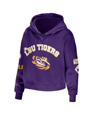 Women's Purple LSU Tigers Mixed Media Cropped Pullover Hoodie
