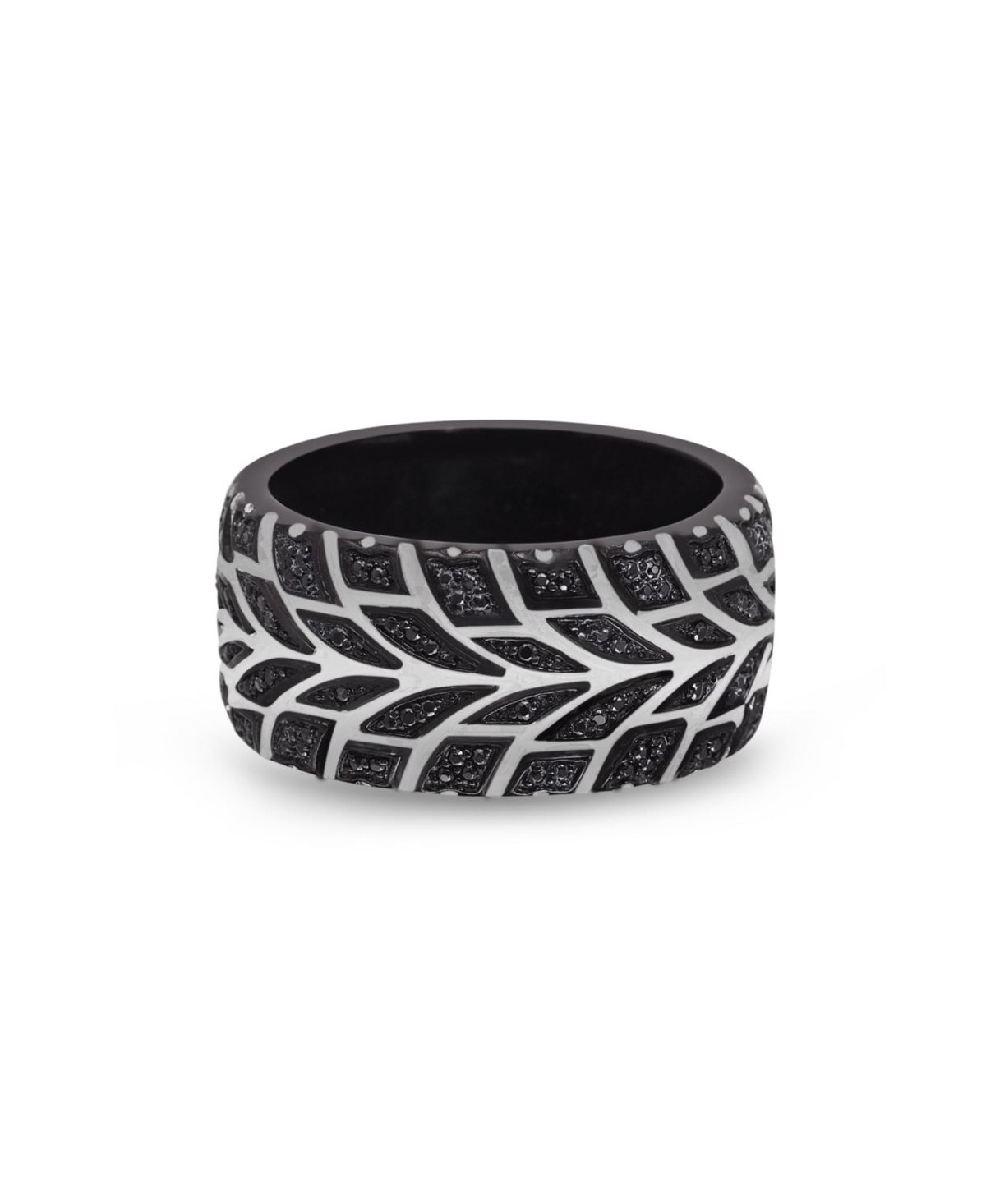 Racer Swag Design Tire Tread Rhodium Plated Sterling Silver Black Diamond Ring - Black