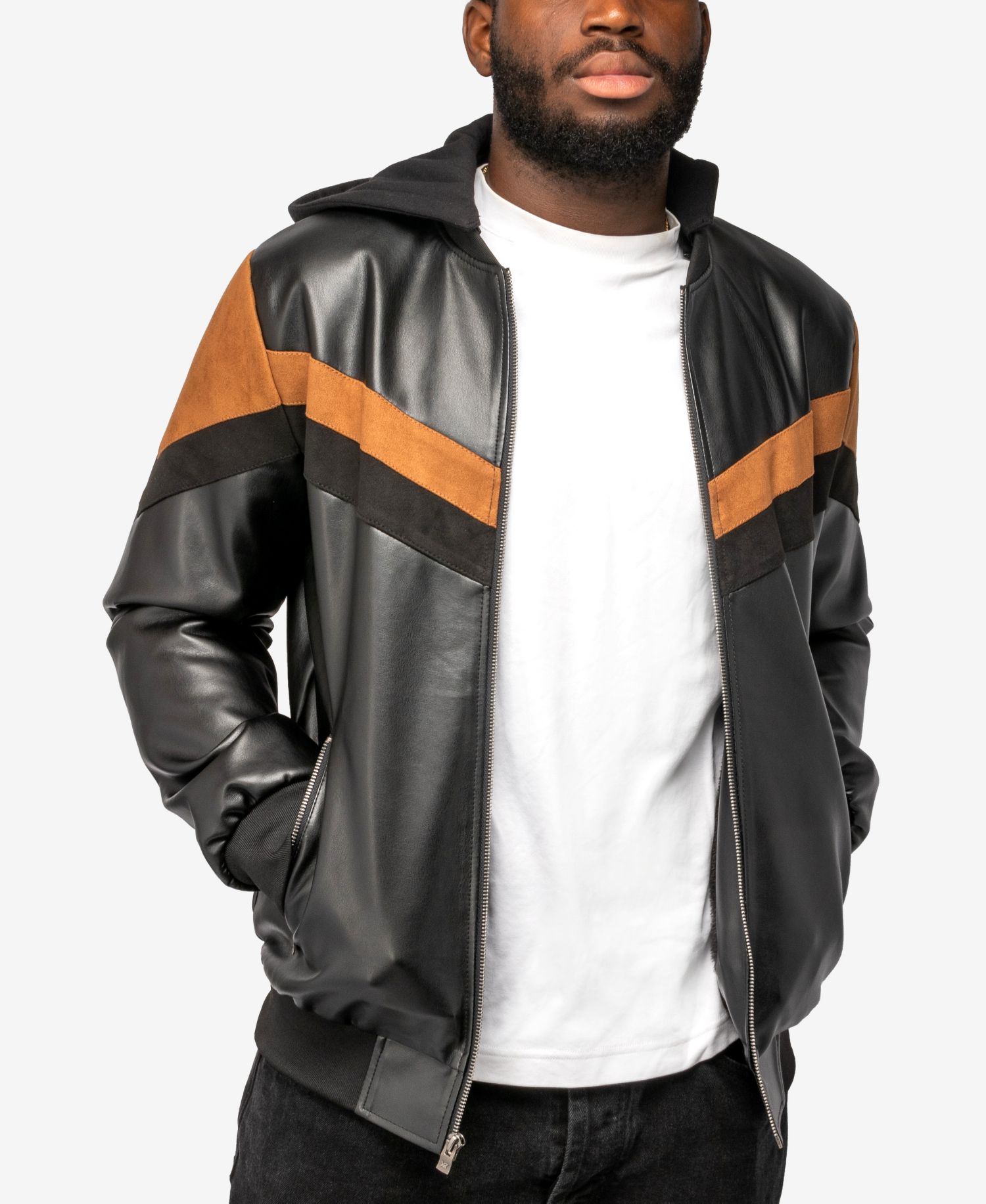 XRAY Men's Shiny PU Hooded Jacket With Faux Suede Detailing And Faux Shearling Lining