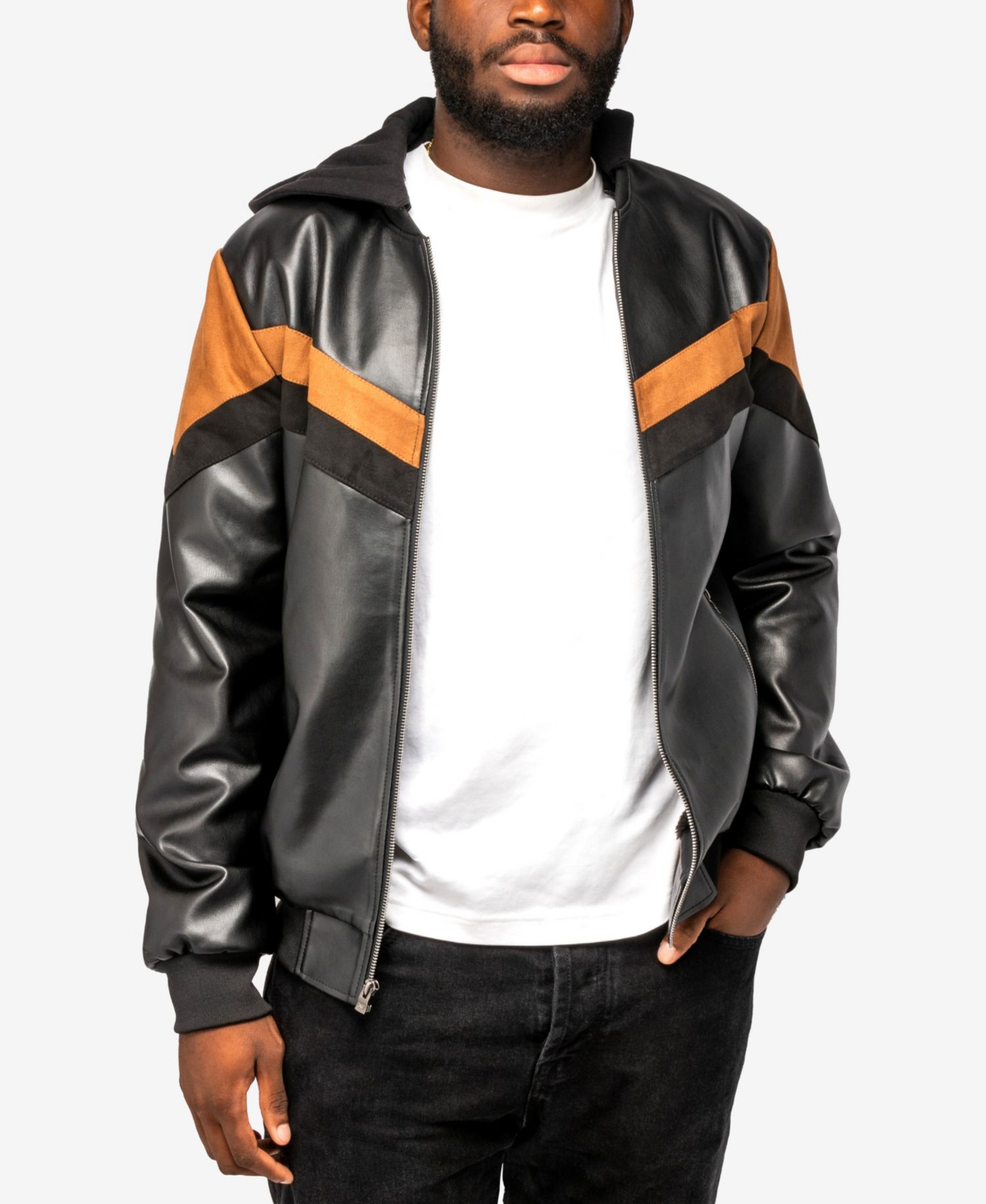 XRAY Men's Shiny PU Hooded Jacket With Faux Suede Detailing And Faux Shearling Lining
