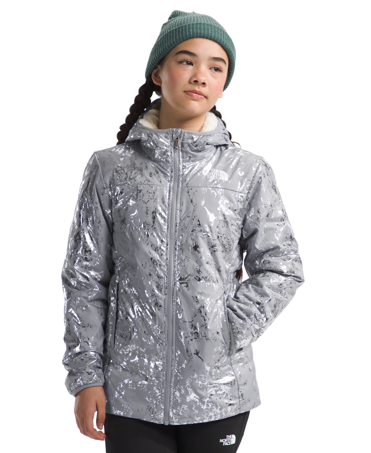 The North Face Kids' Big Girls Reversible Mossbud Parka Coat In Meld Gray Nature Texture Metallic Print