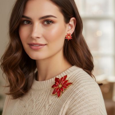 Large Statement Poinsettia Brooch Clip-On Earrings Christmas Jewelry Set Gold Plated