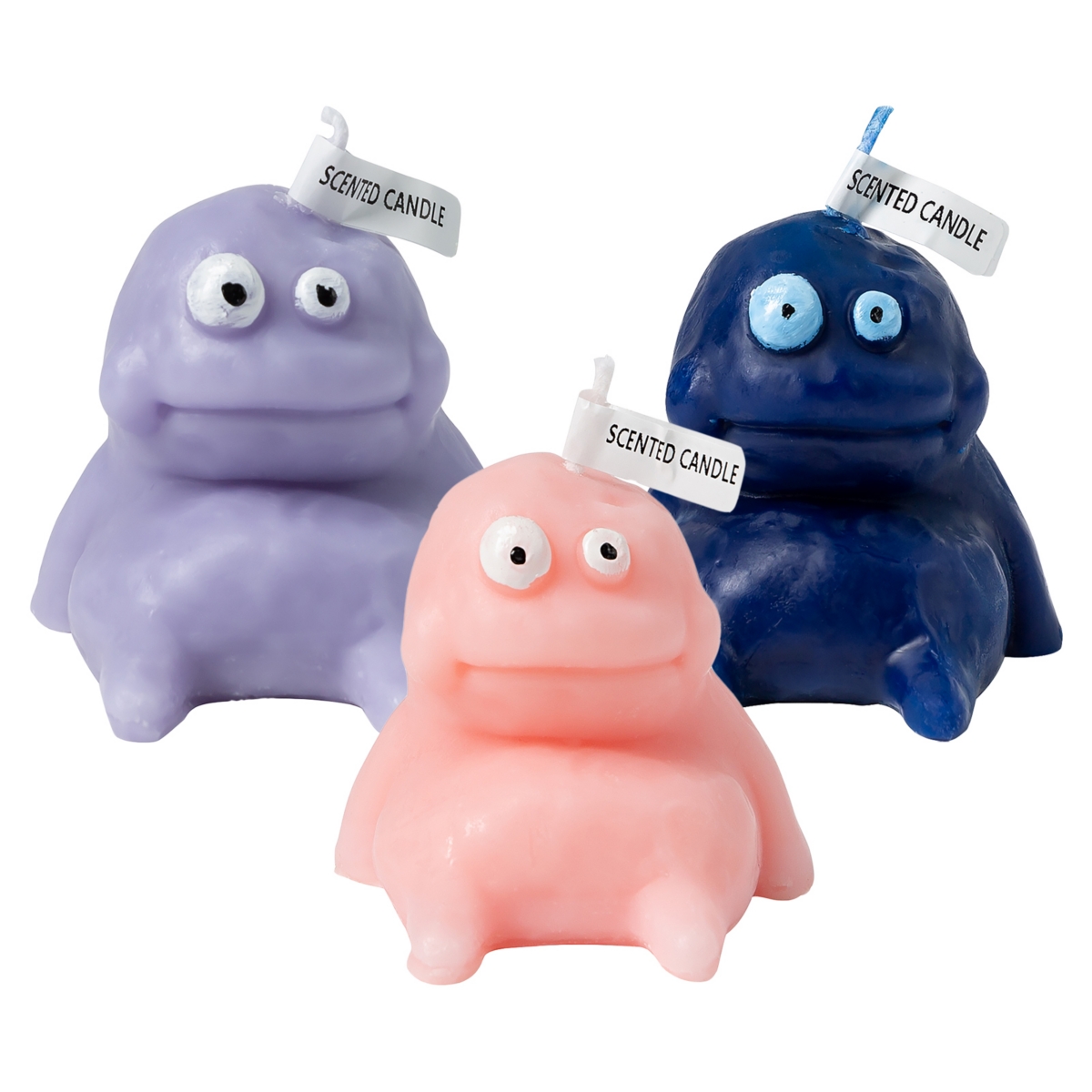 Mudman Shaped Scented Candle, 3.3" Fat Mud Monster Soy Wax Candle with Fragrance - Set of 3 - Pink/Purple/Blue