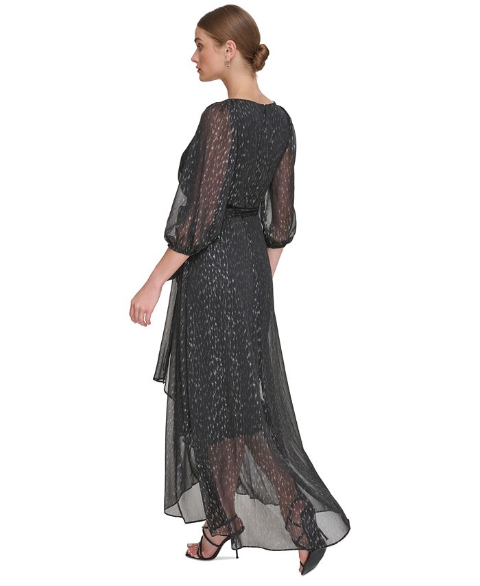 FAUX-WRAP CHIFFON DRESS WITH BLACK Sash Steel Grey Plus Size