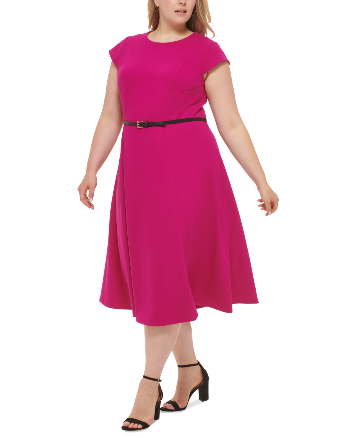 Tommy Hilfiger Plus Size Cap-sleeve Belted Fit & Flare Dress In Wineberry