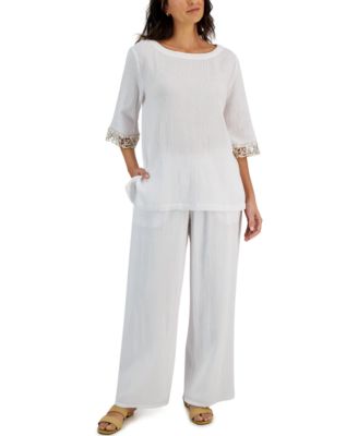 Jm Collection Womens Cotton Gauze Top Wide Leg Pants Created For Macys In Bright White