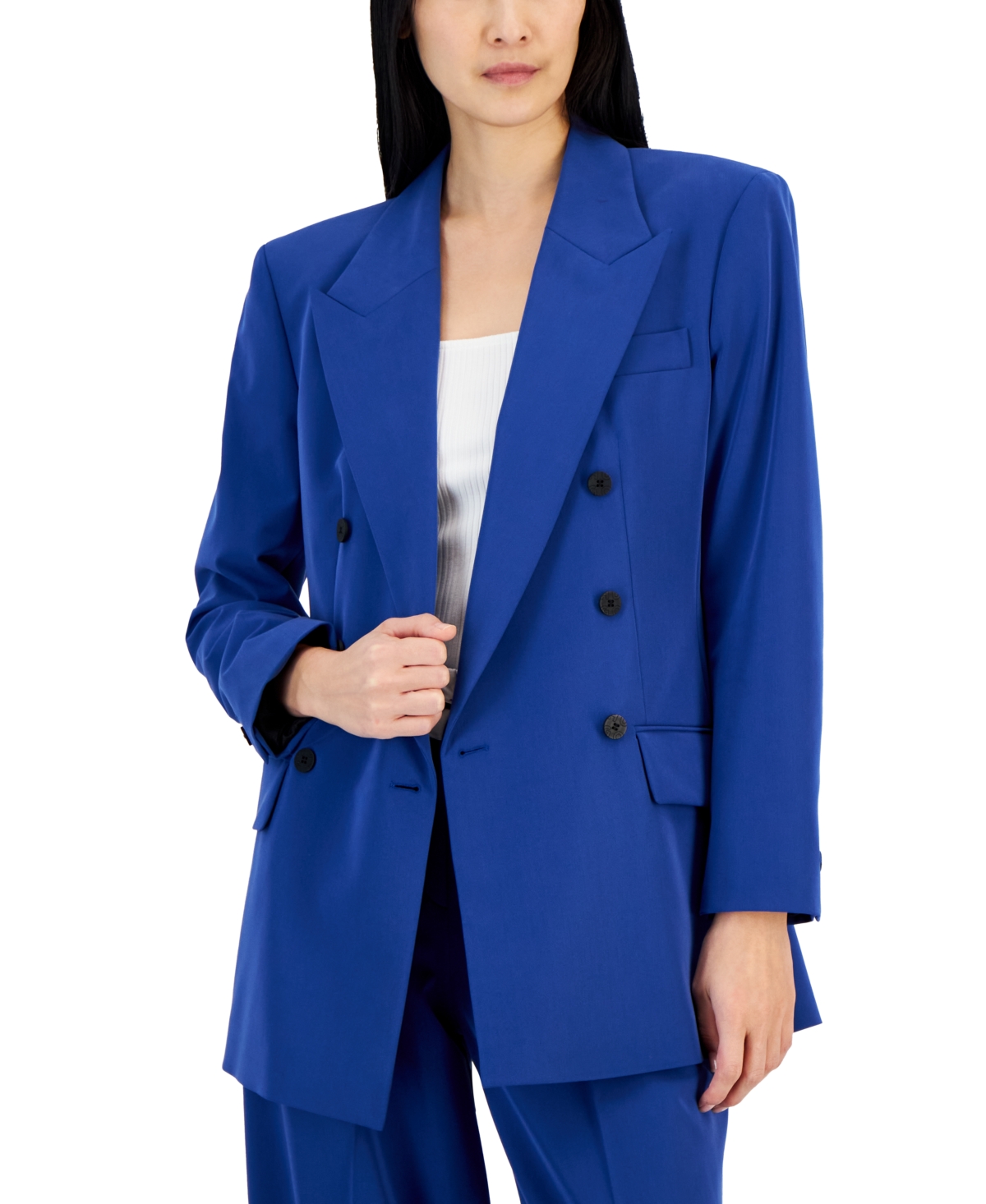 Shop Hugo Women's Notched-lapel Long Blazer Jacket In Med Blue