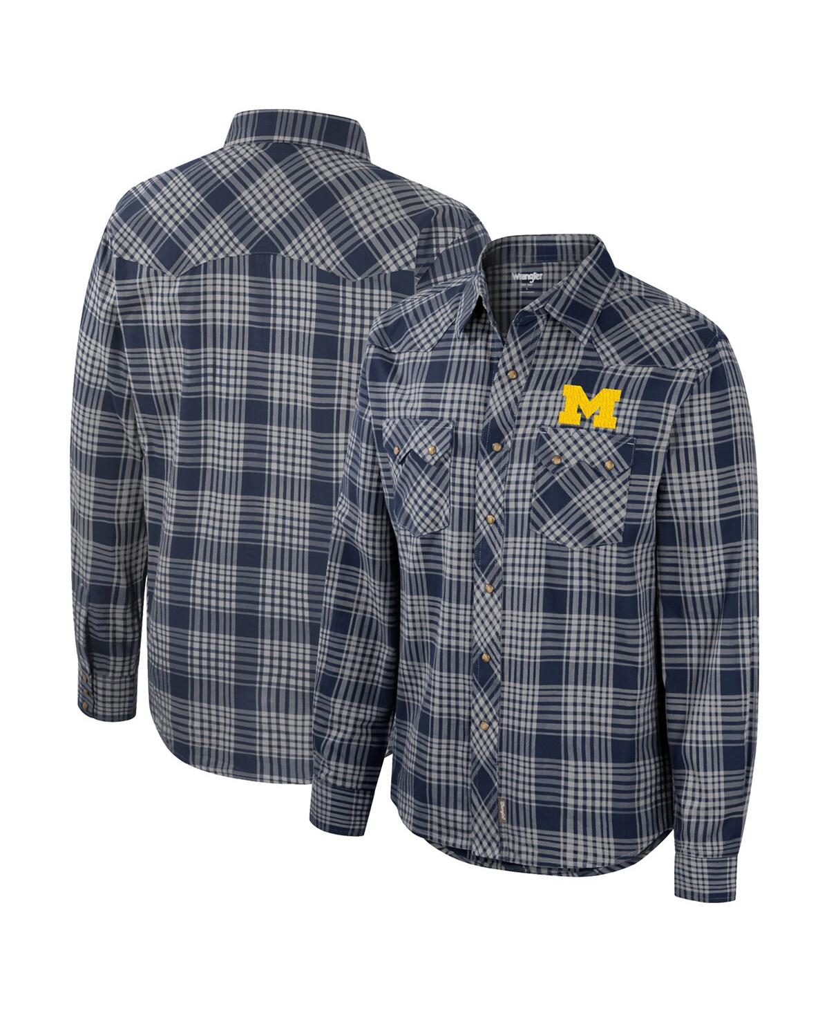 Men's Colosseum x Wrangler Navy Michigan Wolverines Plaid Western Long Sleeve Full-Snap Shirt - Navy