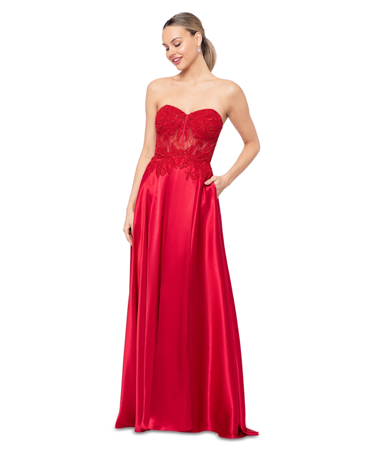 Juniors' Illusion Applique Charmeuse Gown, Created for Macy's - Red