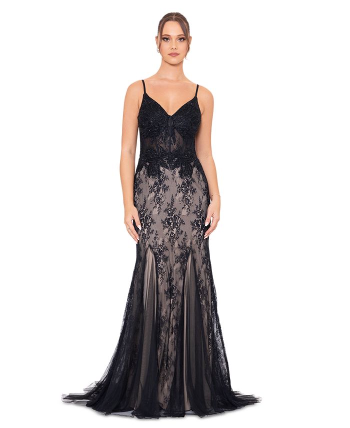 Blondie Nites Juniors' Lace Boned-Bodice Evening Gown - Macy's