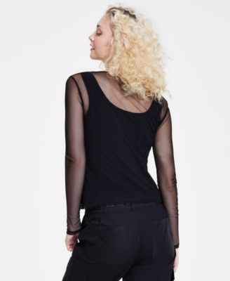 Women's Long-Sleeve Crewneck Mesh Top