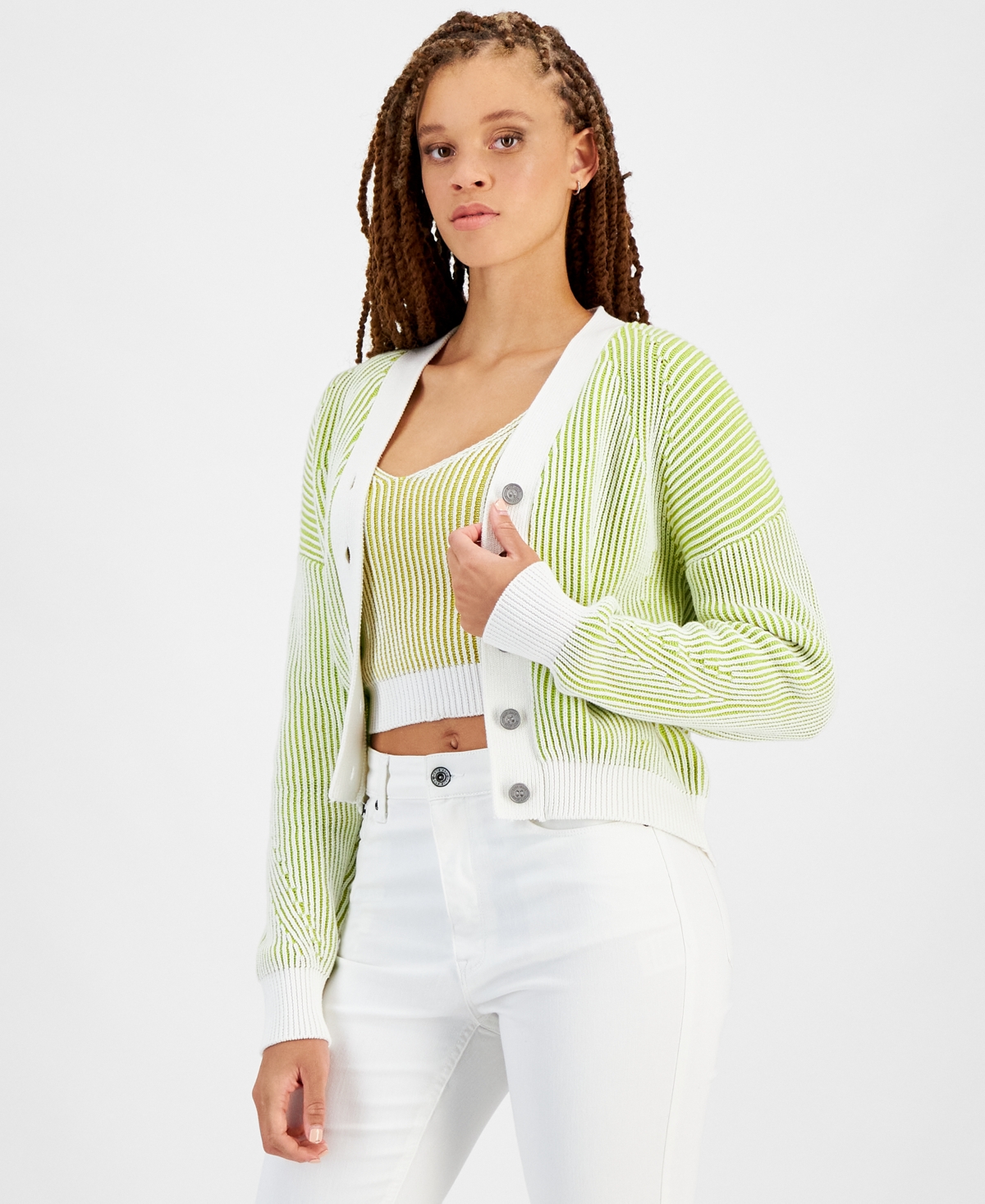 Dkny Jeans Women's Cotton Long-Sleeve Transfer Rib Cardigan - F0d - Citrine/ivory