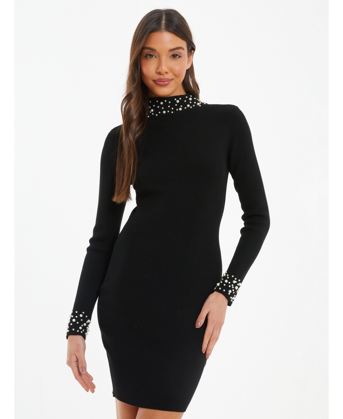 Women's Knit Pearl Detail Long Sleeve Sweater Dress - Black
