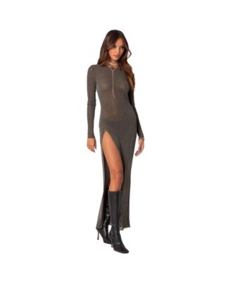 Women's Shiny Mesh Maxi Slit Dress