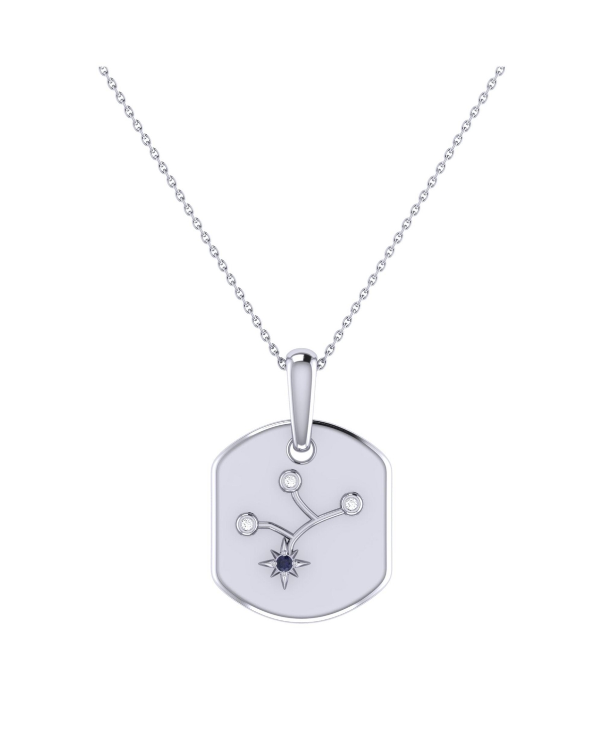 Virgo Maiden Design 14K White Gold Blue Sapphire Stone Diamond Tag Pendant Necklace - White