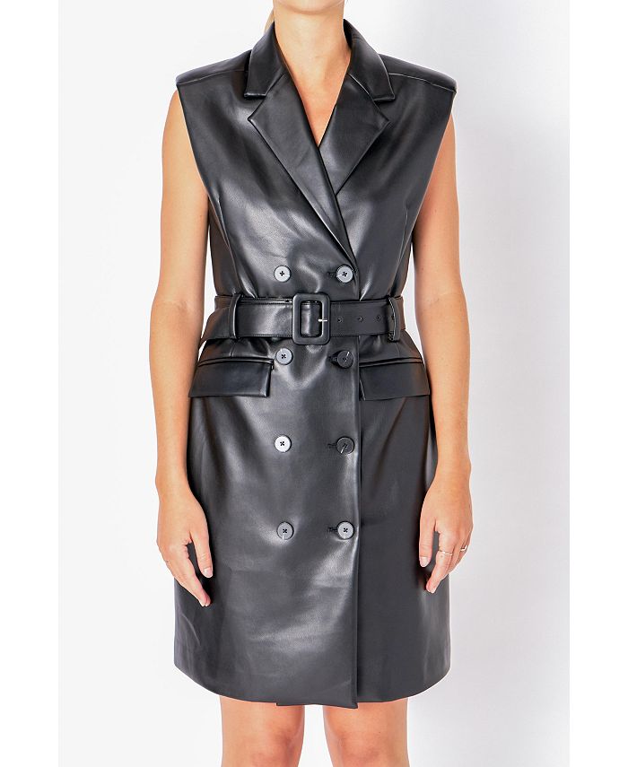 Amarante Black Double-Breasted Leather Mini Dress