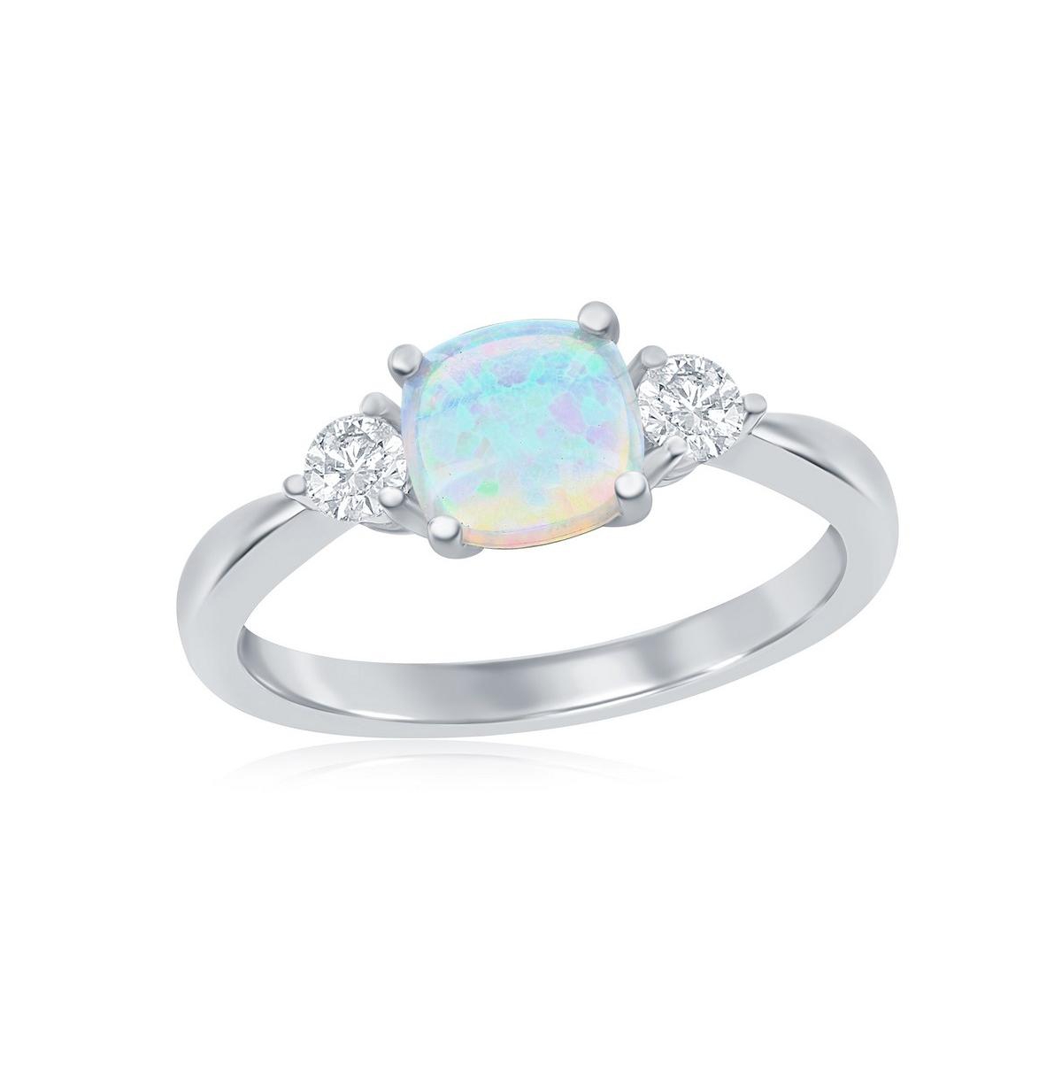 Sterling Silver Square Opal and Round Cz Ring - Blue