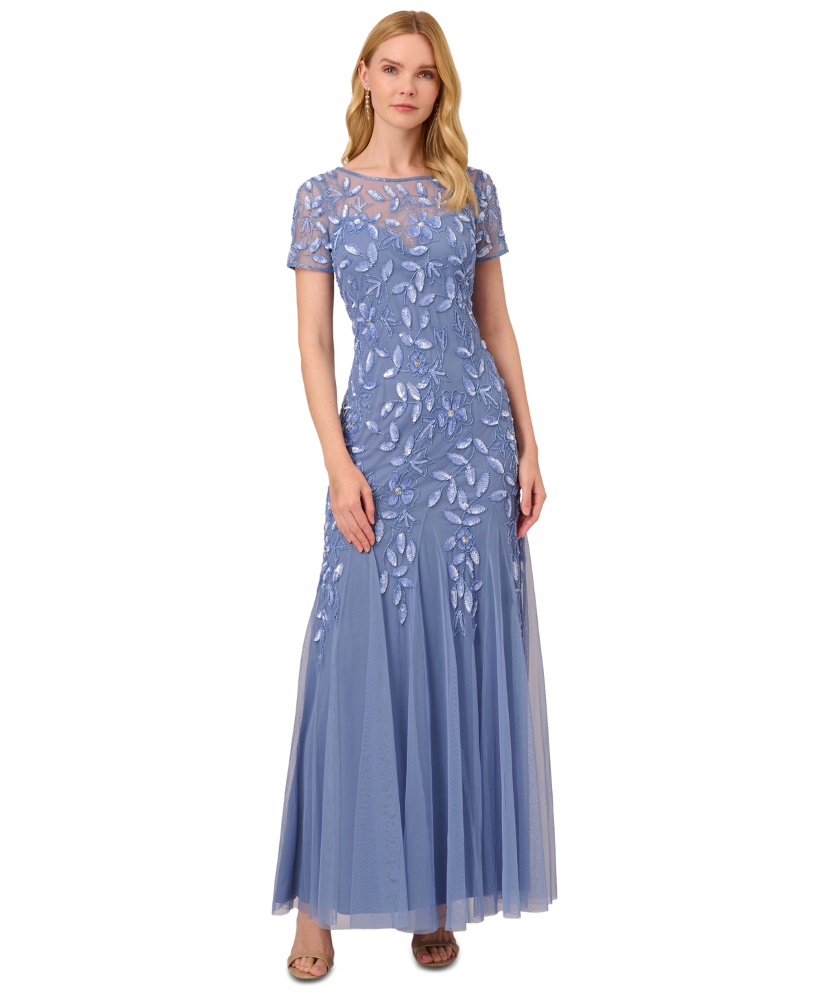 Shop Adrianna Papell Size Floral-beaded Gown In French Blue