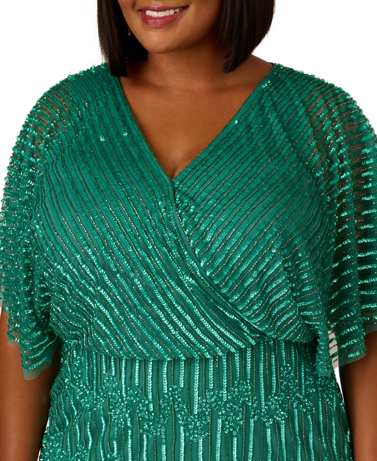 Shop Adrianna Papell Plus Size Hand-beaded Flutter-sleeve Gown In Jungle Green