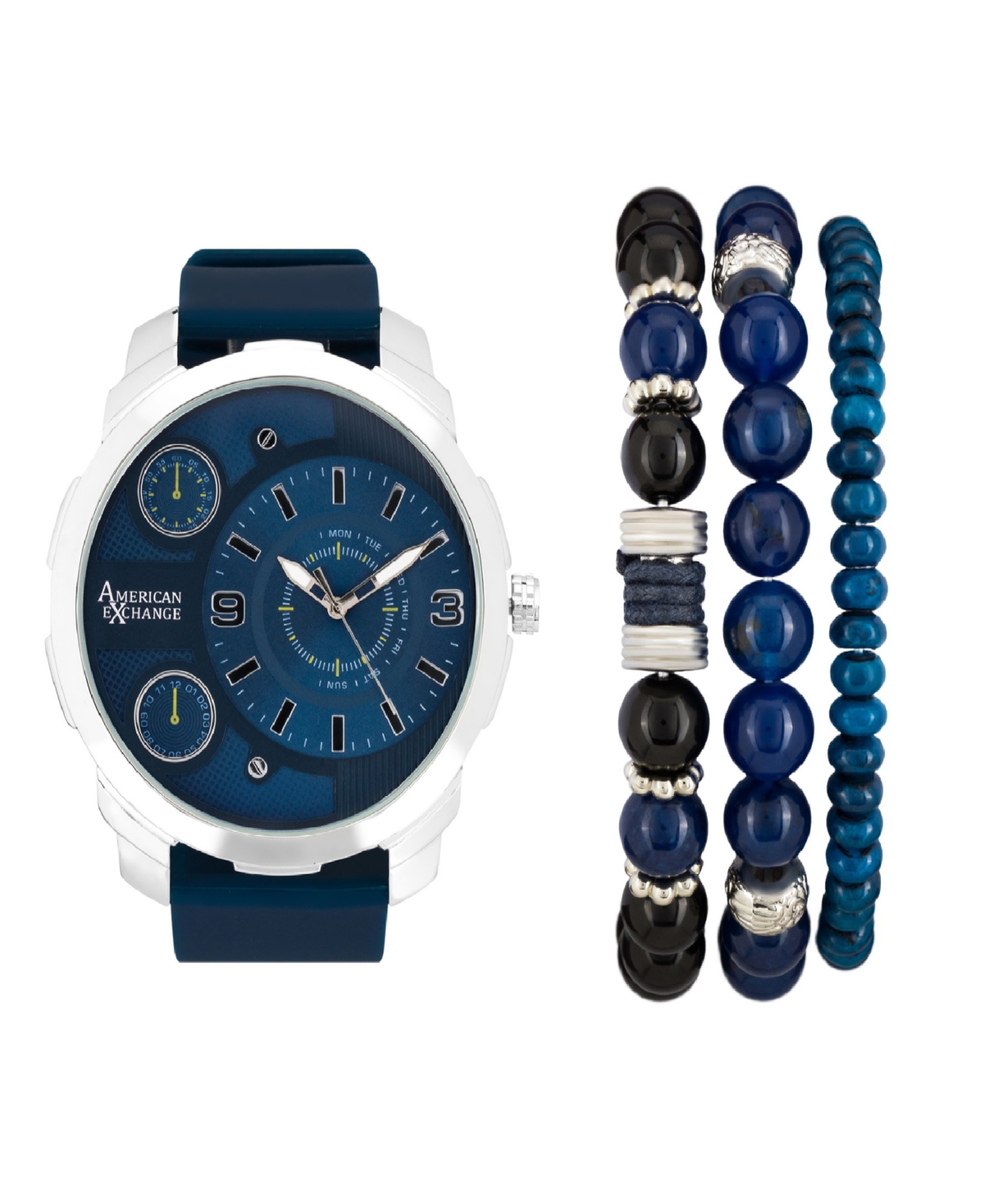 Men's Quartz Navy Rubber Strap Watch 55mm 3 Pieces Bracelets Gift Set - Navy