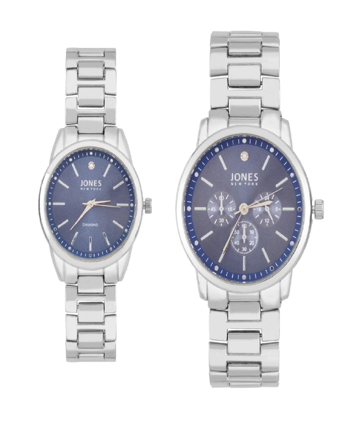 Men and Women's Analog Shiny Silver-Tone Metal Bracelet His Hers Watch 42mm, 32mm Gift Set - Light Blue, Silver