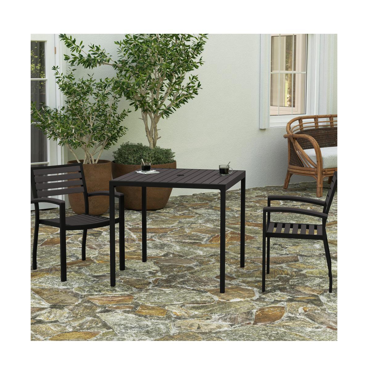 Merrick Lane Faux Teak Outdoor Dining Table With Powder Coated Steel Frame And Umbrella Hole
