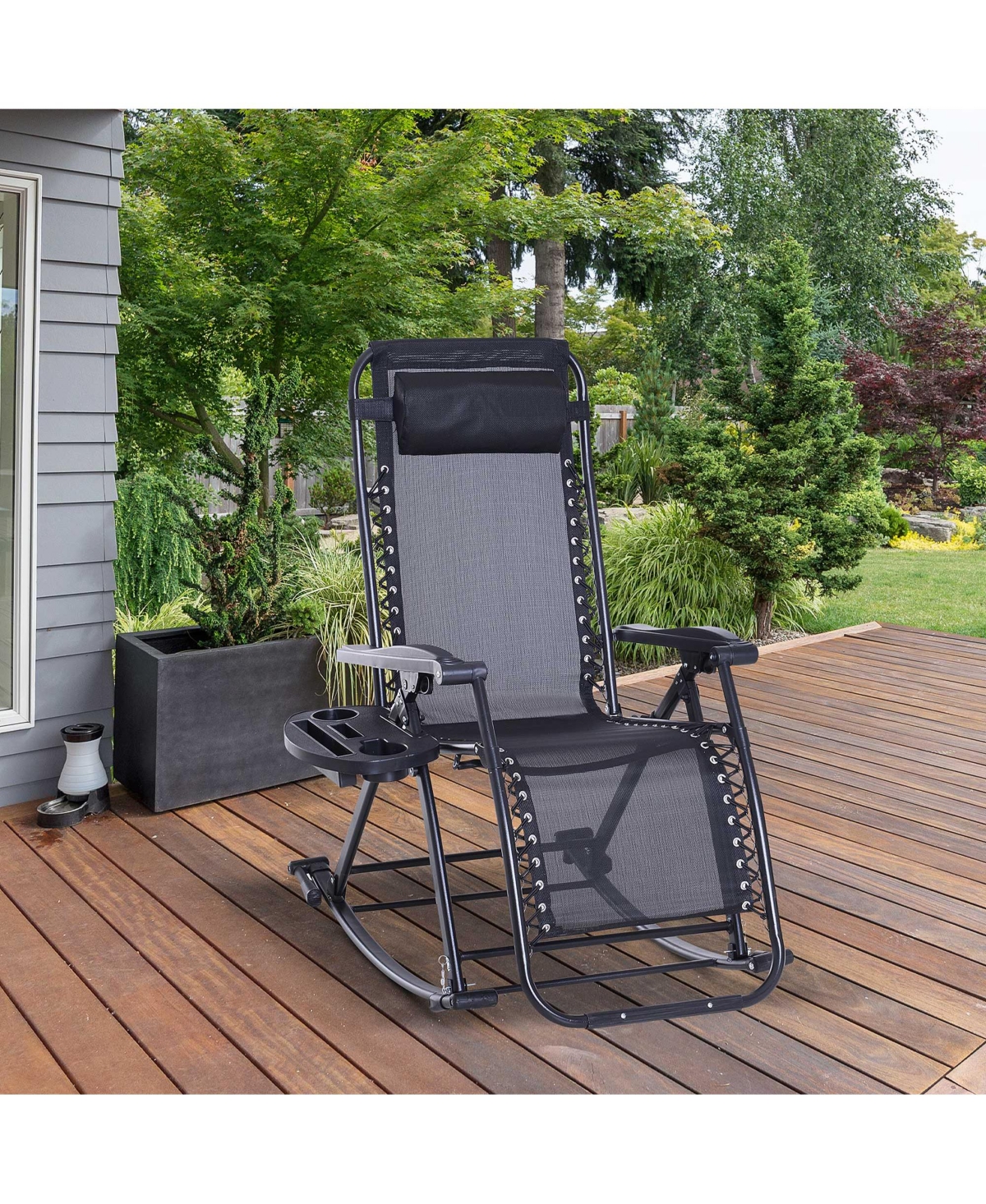Outsunny Zero Gravity Reclining Rocking Chair, Lounge Rocker, Folding, Pillow, Side Tray, Cup and Phone Holder