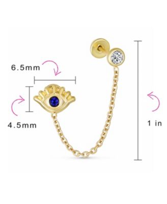 Tiny Yellow 10K Gold Spiritual Blue CZ Protection Amulet Double Piercing 1 Piece Chain Evil Eye Stud Earring Ear Lobe Cartilage