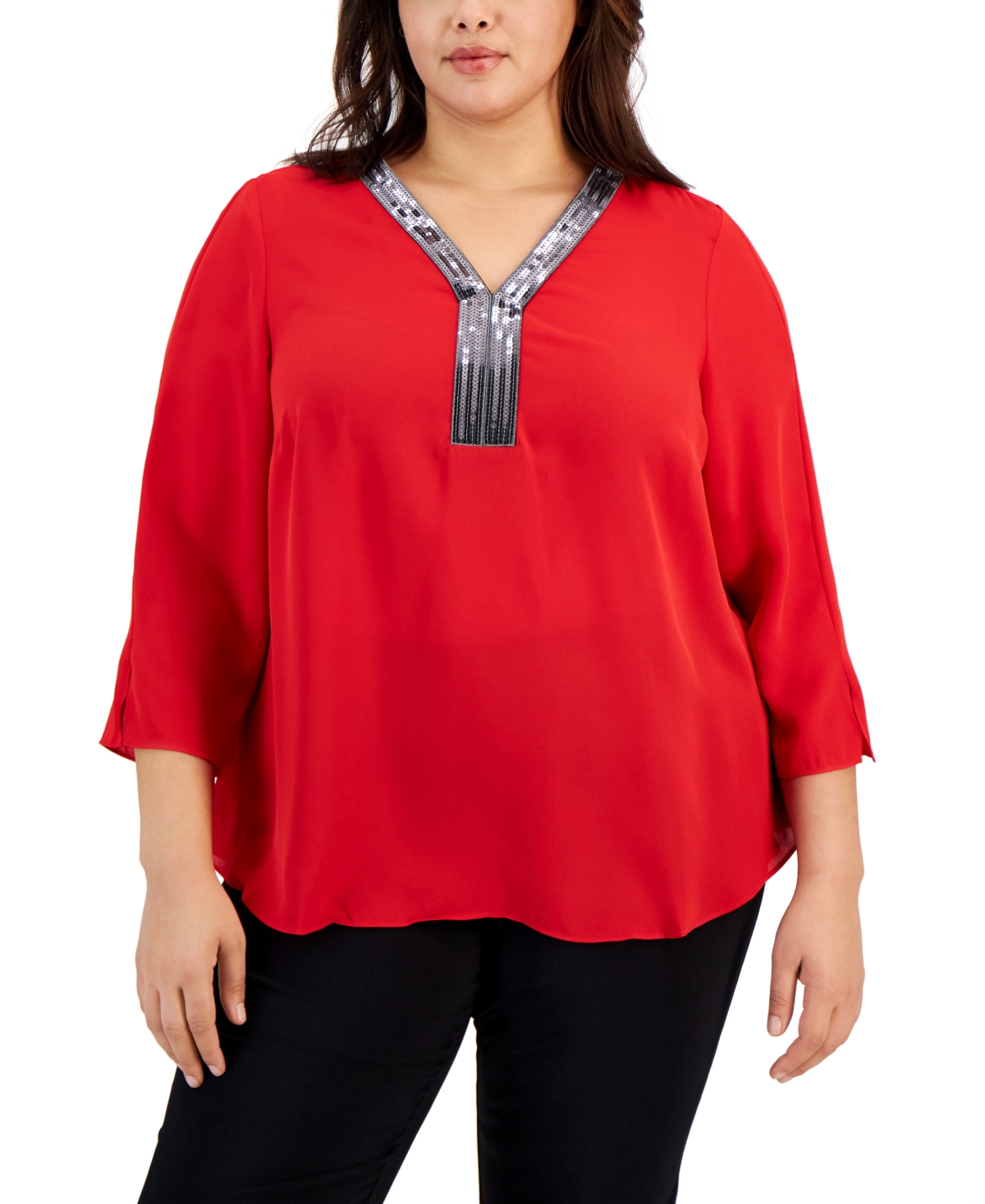 Plus Size Sequined-Neck 3/4-Sleeve Top, Created for Macy's - Real Red