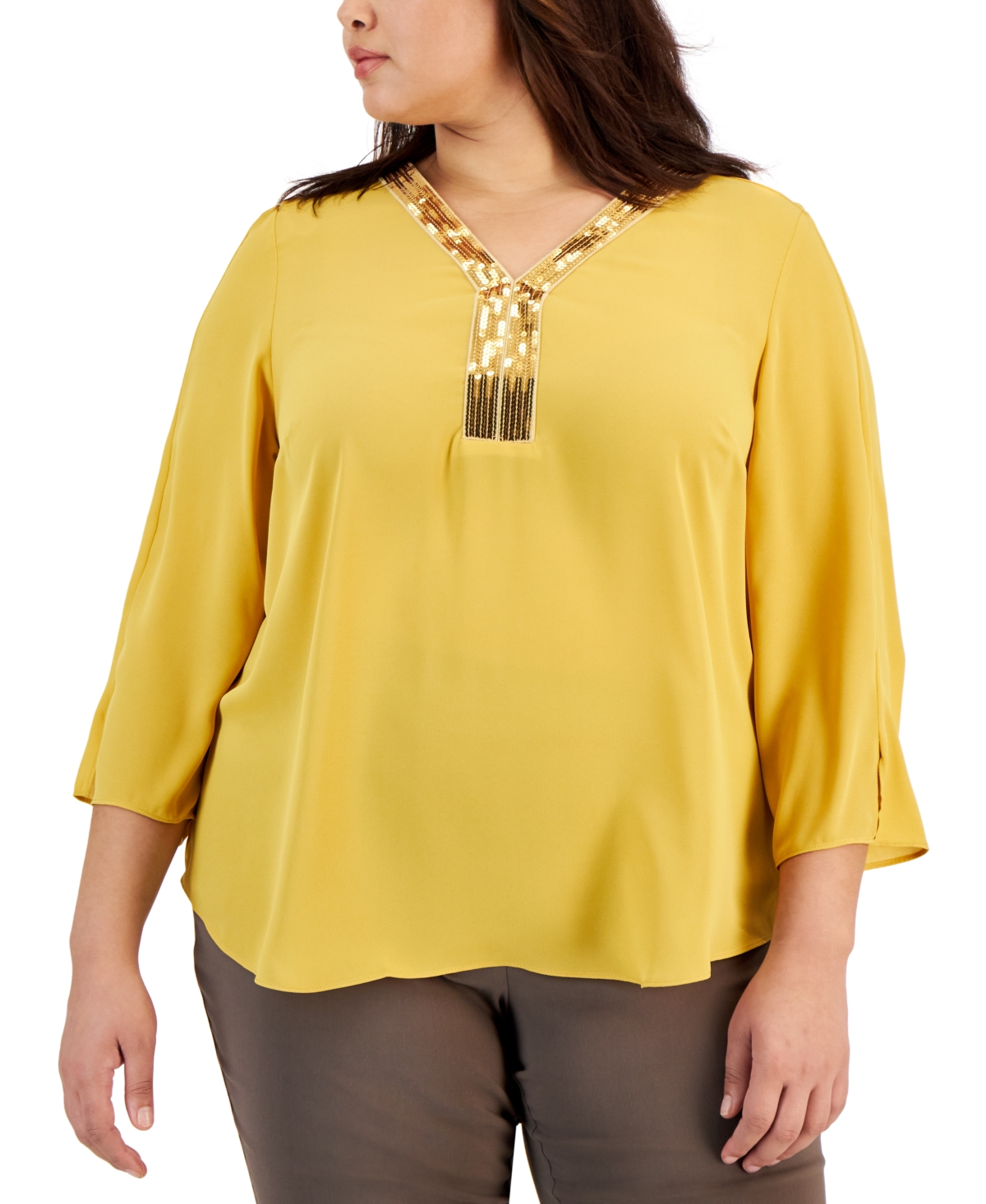 Plus Size Sequined-Neck 3/4-Sleeve Top, Created for Macy's - Saffron Gold