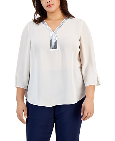 Alfani Plus Size Embroidered Mesh-Sleeve Blouse, Created for Macy's - Macy's