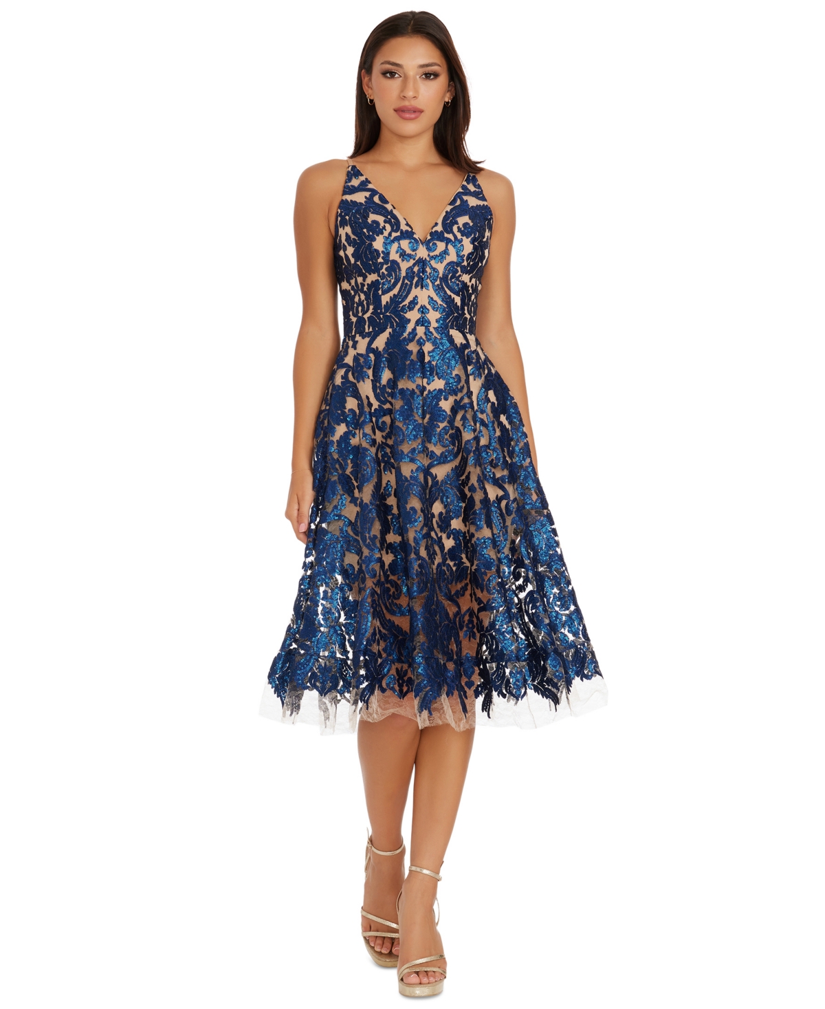 Dress The Population Blair Lace Midi Dress In Navy,nude