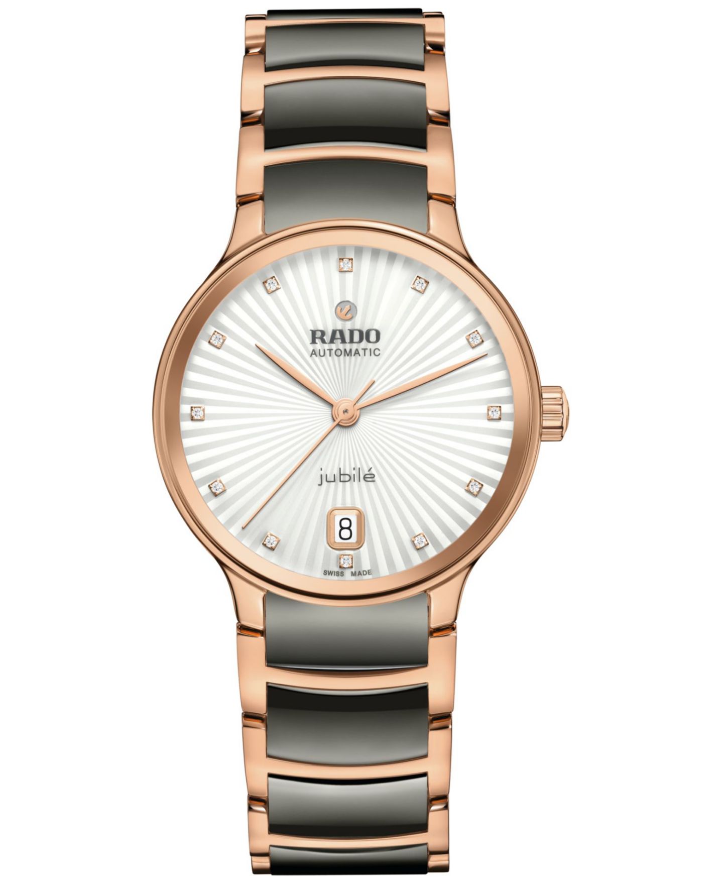Женские часы Rado Swiss Automatic Centrix Diamond Accent Black Ceramic & Rose Gold PVD Stainless Steel Bracelet Watch 35mm, цвет: Серебряный — фото 1