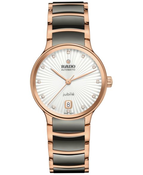 Женские часы Rado Swiss Automatic Centrix Diamond Accent Black Ceramic & Rose Gold PVD Stainless Steel Bracelet Watch 35mm, цвет: Серебряный