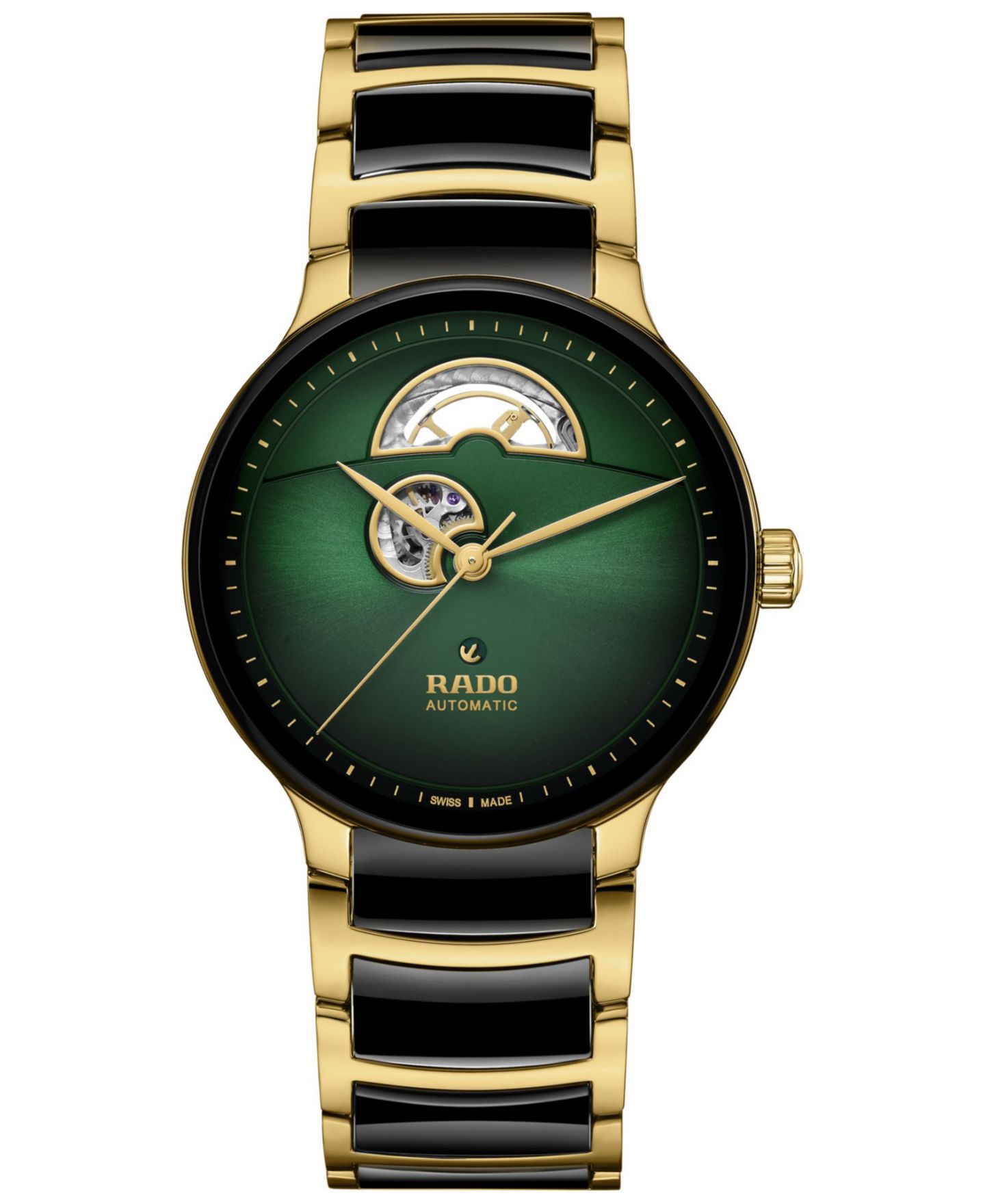 Часы Rado Unisex Swiss Automatic Centrix Open Heart Black Ceramic & Gold PVD Stainless Steel Bracelet Watch 40mm, цвет: Зелёный — фото 1