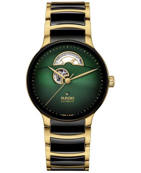 Часы Rado Unisex Swiss Automatic Centrix Open Heart Black Ceramic & Gold PVD Stainless Steel Bracelet Watch 40mm, цвет: Зелёный