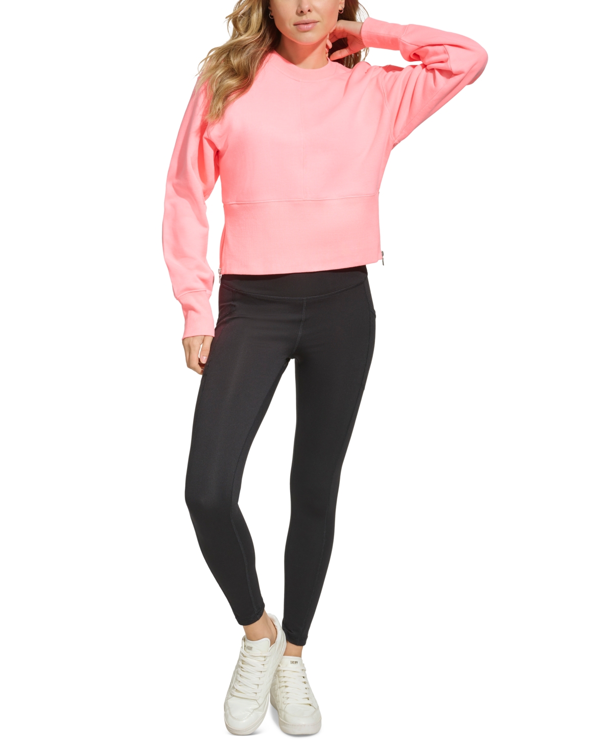 Shop Dkny Sport Women's Cotton Performance Cropped Zip-detail Sweatshirt In Atomic Pink