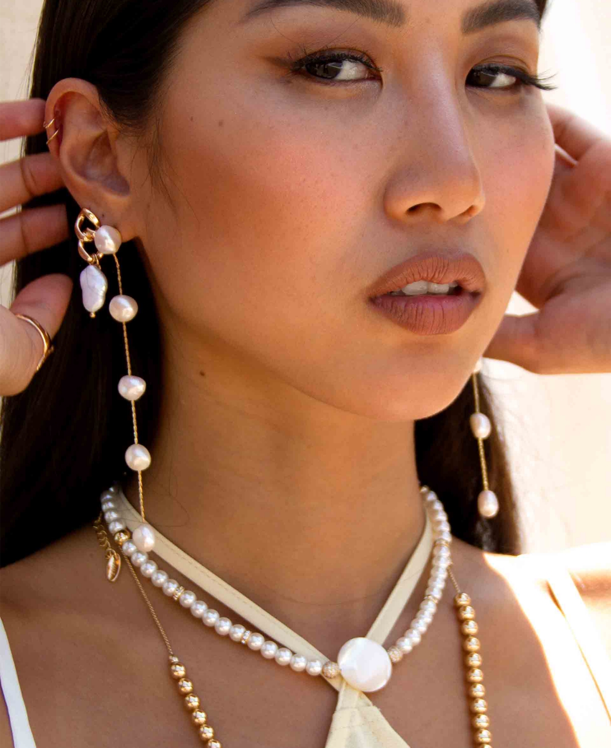 Ettika Imitation Pearls Earrings Dripping in 18K Gold Plating