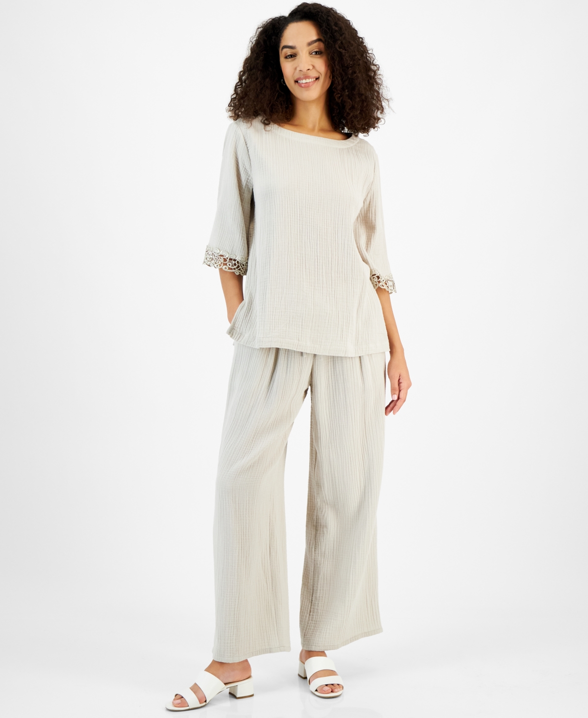 Shop Jm Collection Petite Cotton Dolman-sleeve Sweater In Stone Wall