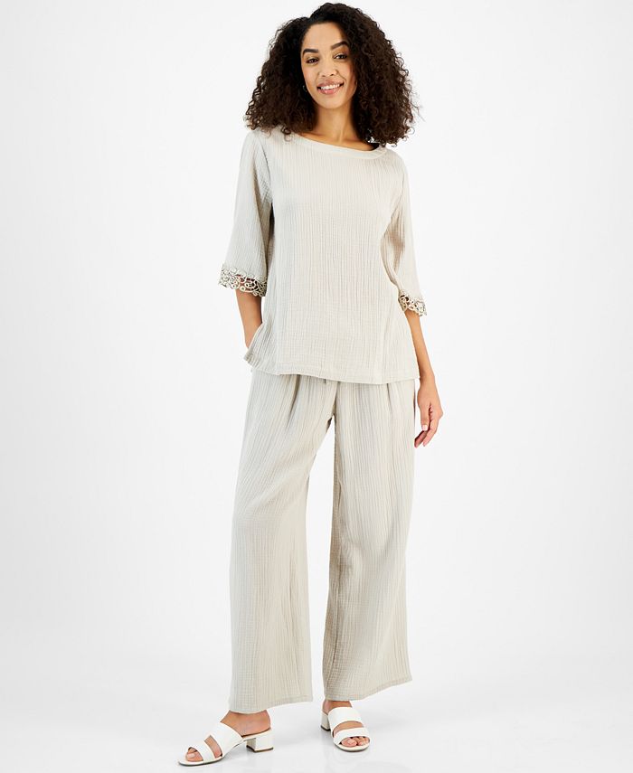 Women's Gauze Top & Wide-Leg Pull-On Pants, Created for Macy's